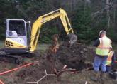 A construction worker uses construction equipment to dig a hole for fiber.
